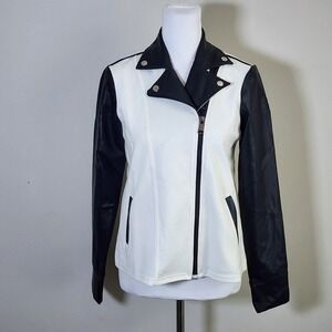 Isaac Mizrahi Moto Jacket Womens XS White Navy Faux Leather Sleeves Biker Chic